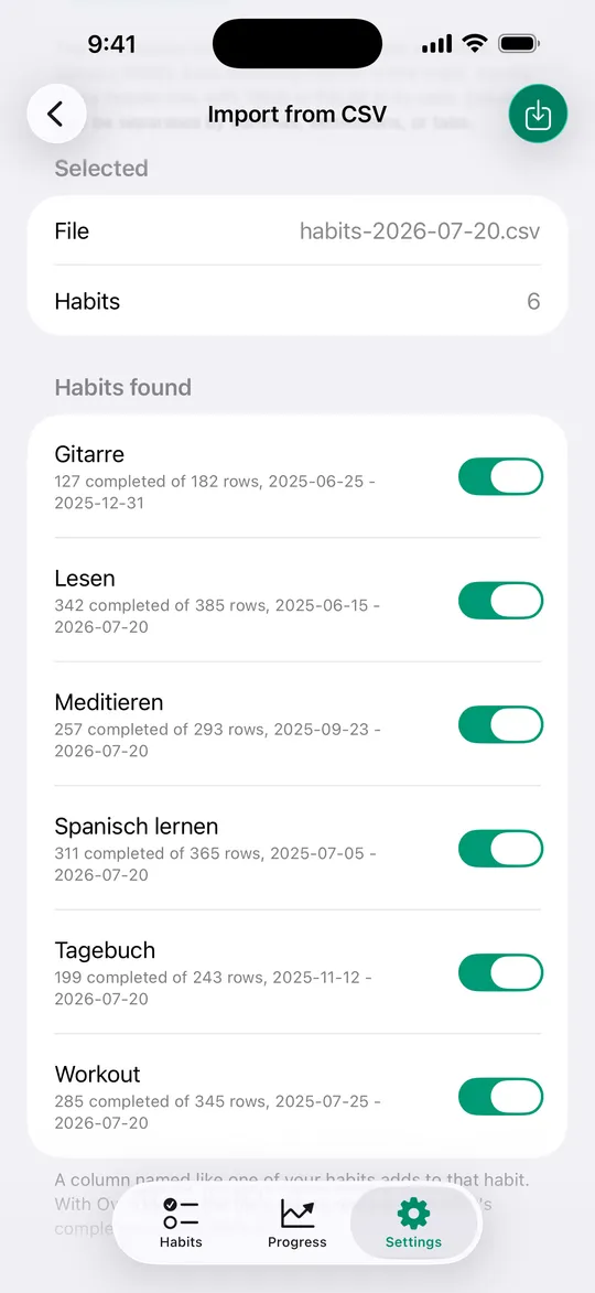 Der CSV-Import in Kyro auf dem iPhone, die gefundenen Habits einer Datei mit ihren erledigten Tagen.