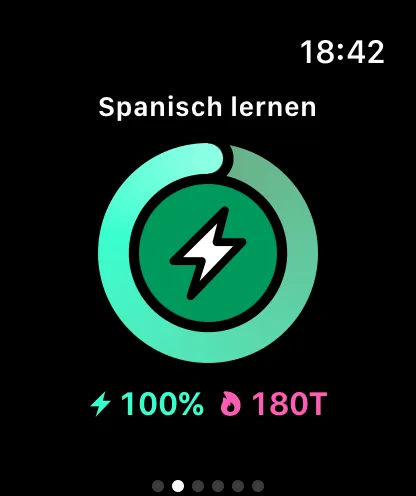 Kyro auf der Apple Watch mit „Spanisch lernen“ bei voller Power und einem Streak von 180 Tagen.